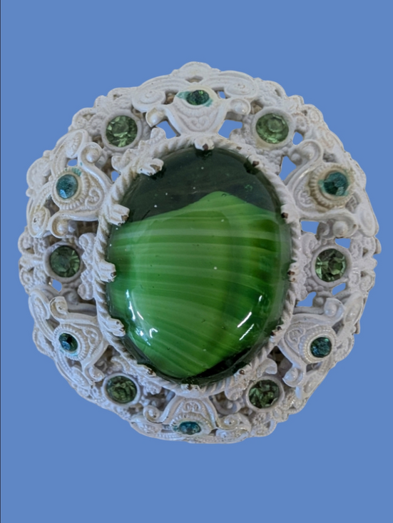 Vintage Jewelry - Vintage Brooch White Lattice Style Metal Green Glass Art Medallion Green Crystal